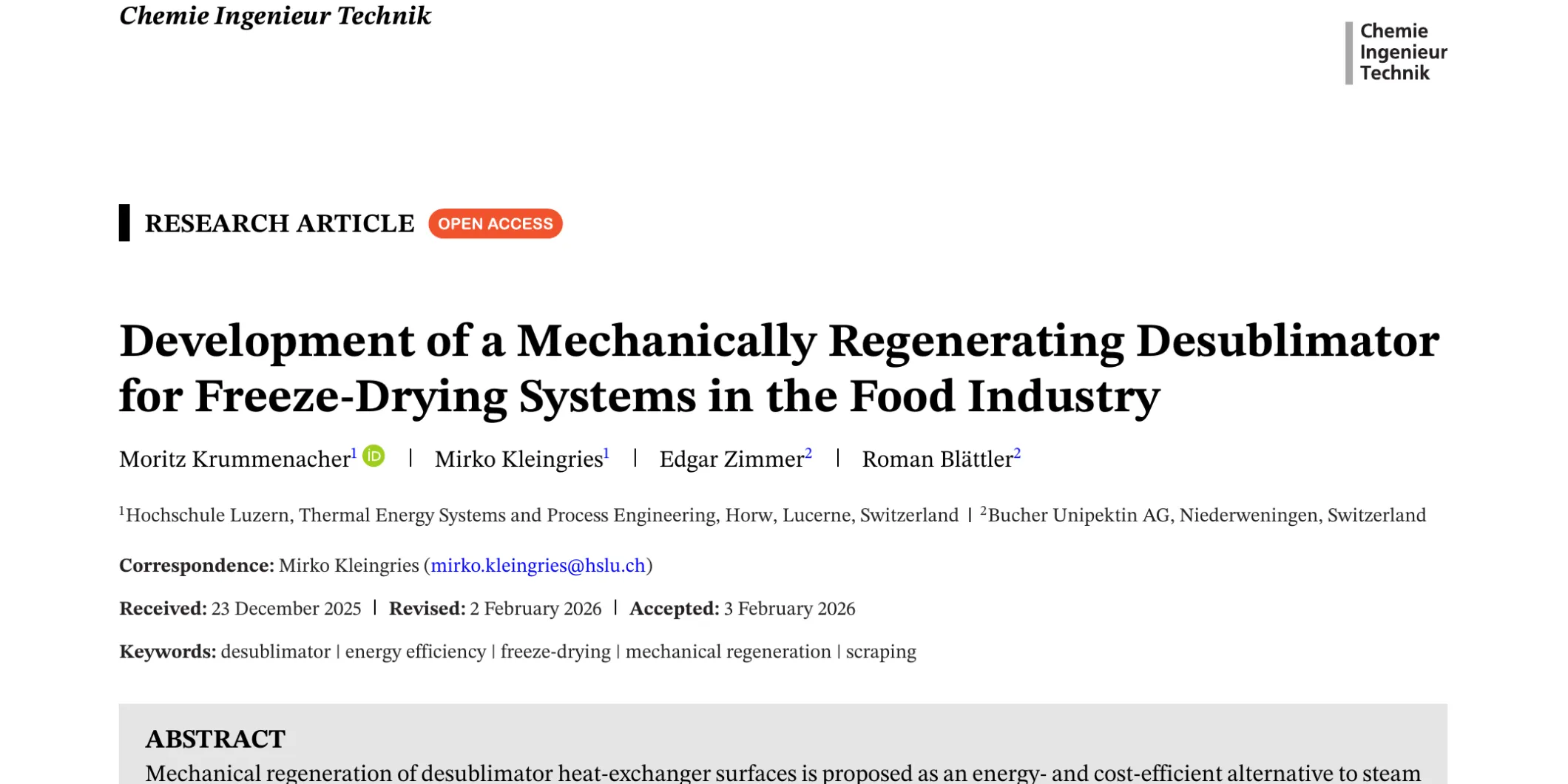 Erste Seite des Fachartikels in Chemie Ingenieur Technik